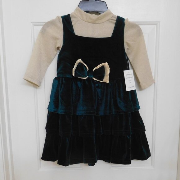 NWT 2pc Blueberri Boulevard Gold & Hunter Green Tiered Dress Set sz 3t - Picture 1 of 2